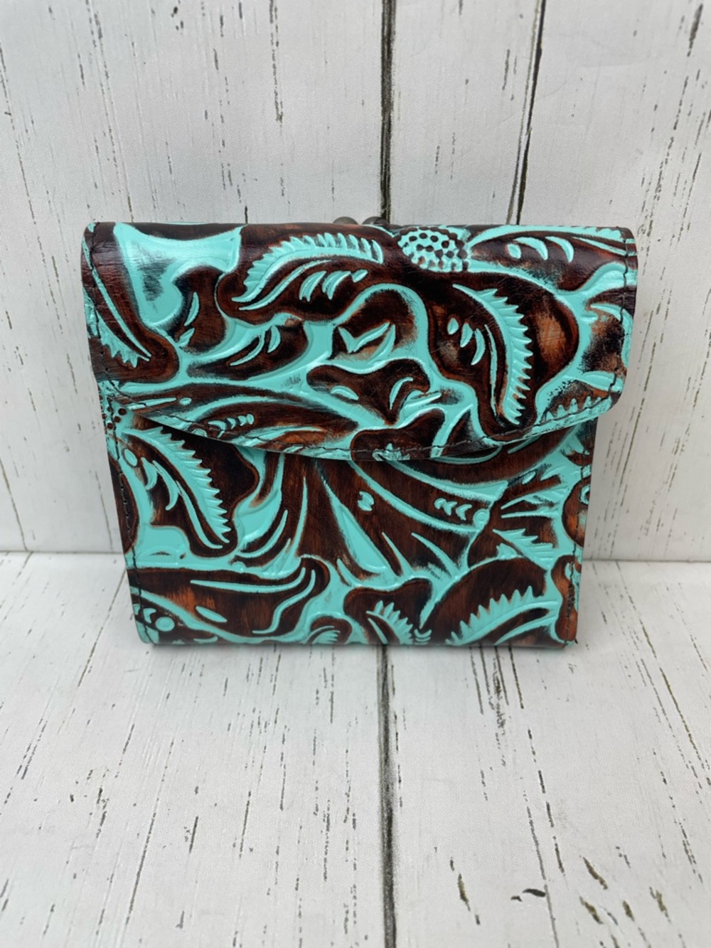 Patricia Nash Reiti RFID Tooled Turquoise Leather Bi-Fold Wallet